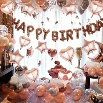 27pcs Rose Zlata Fant Dekleta, Ženske, Rojstni dan Okraski 3D Folijo Happy Birthday Banner 18 inch Veliko Srce Star Konfeti Latex Baloni