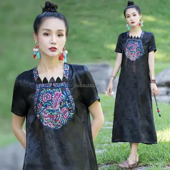 2023 novo poletje kitajski etnični slog vezenega kratek rokav dolgo obleko žensk jacquardske retro moda kitajski dolgo obleko s419