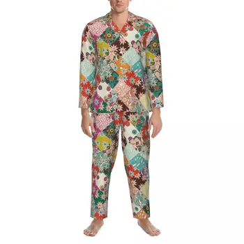 Hipi Mozaik Sleepwear Pomladni Vintage Cvjetnim Tiskanja Prevelik Pajama Določa Moških Dolg Rokav Moda Noč Home Design Obleko