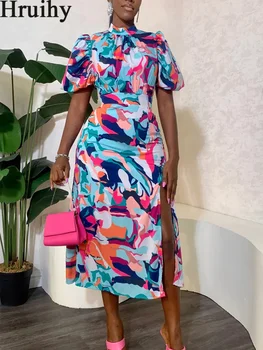 Afrika Elegantne in Lepe Ženske Obleke Tiskanja Kratek Rokav Obleke Visoko Pasu Strani Split Midi Obleko 2023 Stranka Klub Vestido