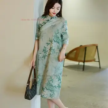 2024 kitajski letnik ohlapno obleko nacionalni cvet tiskanja qipao obleko bombaž perilo izboljšano cheongsam orientalski qipao folk obleko