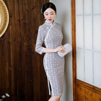 Ženske Kitajski Pomlad Poletje Novih Tradicionalnih Qipao Čipke Lady Stranka Obleko Ženski Vezenje Dolge Vilice Mandarin Ovratnik Cheongsam