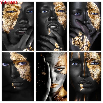 5D Diamond Slikarstvo Črna in Zlata Ženska Portret Polni Sveder Diamantni Mozaik Vezenje DIY Afriške Dekle Nosorogovo Doma Dekor