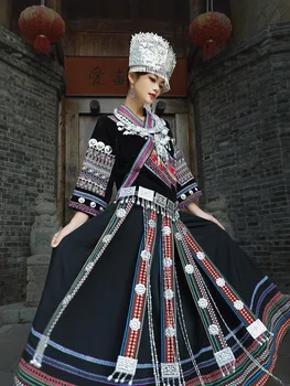 Guizhou Miao Ženski Kostum Manjšinskih Etničnih Oblačila Dong Državljanstvo Xiangxi Tujia Hmong Vasi Ples Obleko Uspešnosti