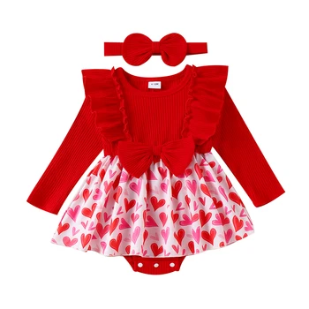 Valentine Baby Dekle Obleko Srce, ki Tiskanja Belušno Dolg Rokav Novorojenčka valentinovo Romper Obleko Glavo Set