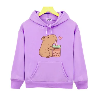 Capybara Ljubi Pitne Bubble Tea Hoodies Kawaii Grafika, Tiskanje Trenirke za Dečke/Deklice, Jeseni Runo Topla Oblačila, Otroci