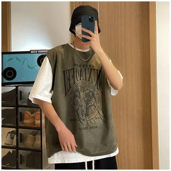Korejski Slog Novi Retro Minimalističen Športnih Telovnik Moški Oversize Poletje Ohlapna Priložnostne Nekaj Antilop brez Rokavov T-shirt Oblačila