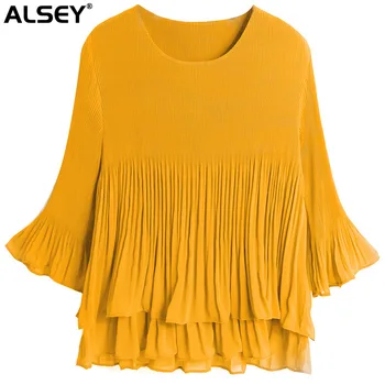 ALSEY Miyake Naguban Sežgati Rokav Vrhovi za Ženske je Pomlad Poletje Nova Moda Plus Velikost Svoboden Ogrlicom Barva T-shirt