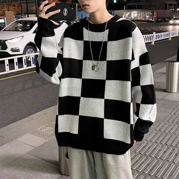 Korejski Modni Slog Grda Puloverji za Moške Krog Vratu Kariran Pleteni Puloverji Svoboden Prevelik Hip Pop High Street Moških Oblačil