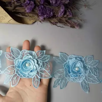 20Pcs/Veliko Blue Rose Cvet Listov Pearl Čipke Trim Aplicirano Rezanje Traku Vezene Tkanine Šivanje Obrti Poročno Dekoracijo 10 cm