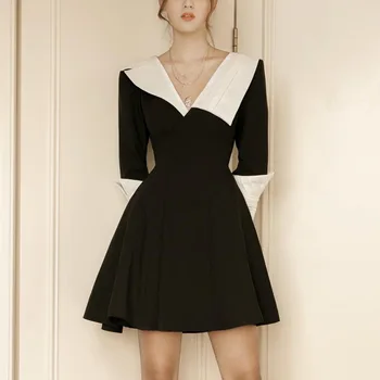Jeseni Žensk Črno Dolgo sleeved Obleko Evropi in Ameriki Slaven Luksuzni Proti-vrat Vitka A-line Slavnostno Obleko Mini Obleke