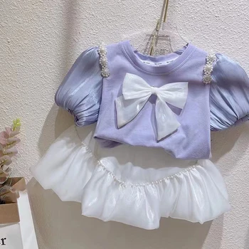 Otroška Oblačila 2022 Poletje Nova Moda Dekleta Darkice Pearl Šivanje Vrh Mraku Oblak Preja Culottes Obleko Za Baby Dekleta Obleko