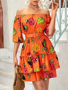 2023 Poletne Obleke Za Ženske Tropskih Tiskanja Off Ramenski Priložnostne Obleko Vestidos De Mujer Elegantna Mini Haljo Ženski