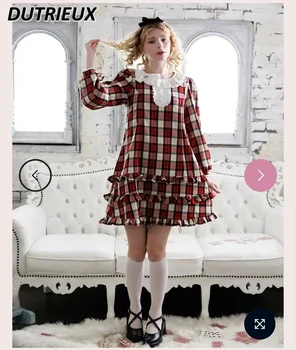 Kawaii Lutka Ovratnik Kratke Obleke Spomladi in Jeseni Novi Japonski Slog Lolita Sladko Dekle Božič Rdečih krvničk Vzorec Obleko