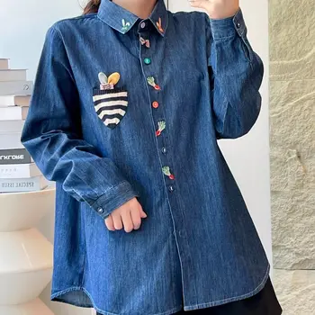 Kawaii design traper majica ženska novost 2024 dolg rokav zajec zajec design blue jean bluze prugasta žep korejskih žensk vrh