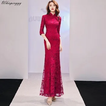 Moda Izboljšano Cheongsam Fishtail Banket Večerno Obleko Čipke Dolgo Slim Ženske Stranka Qipao Kitajski Slog Elegantno Temperament