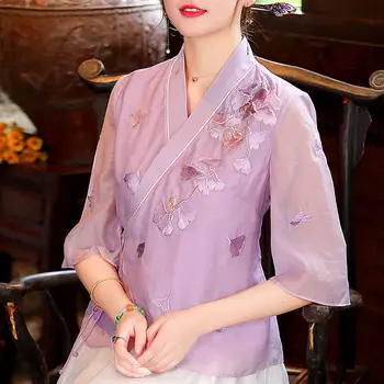 Ženske Kitajski Slog Vezene Čipke-up Vrhovi Tradicionalnih Zen Čaj Elegantno Hanfu Oblačila Retro Proti-vrat Jopico Oblačilih Bluzo 2023