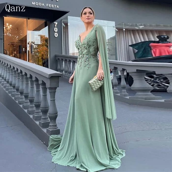 Qanz Arabski Zelena Dubaj Večerne Obleke Z Cape Rokavi Elegantne Ženske Kristali Stranki Poroka Obleke Sukienki Na Studniówkę