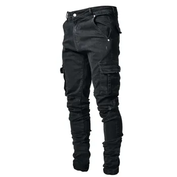 Jeans Moški, Black Tovora Hlače Več Žepi Denim Pantalones Modra Slim Fit Overol Hombre Moda Priložnostne Ulične Hlače 3XL